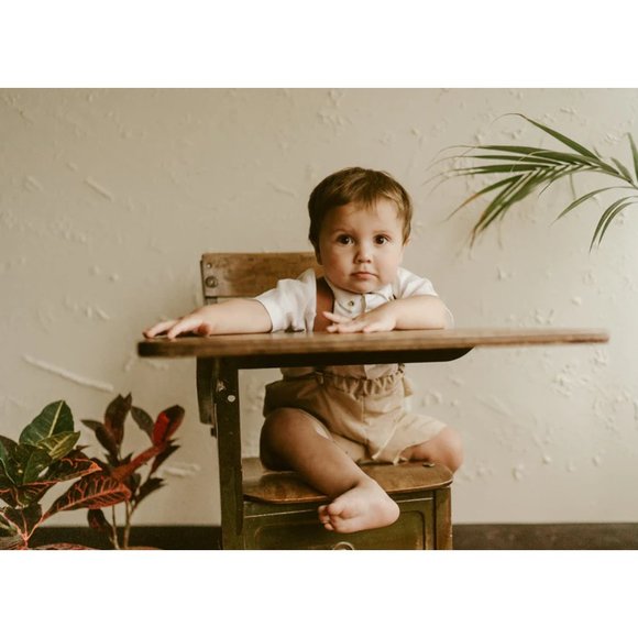 Boys Vintage Beige Grow with Me suspender shorts new - Picture 8 of 10